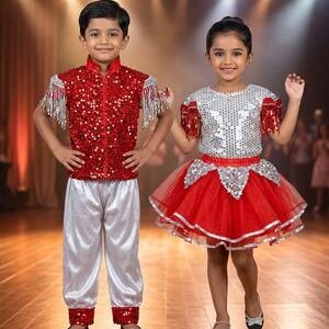 Red Silver Western Dance Dress For Kids
